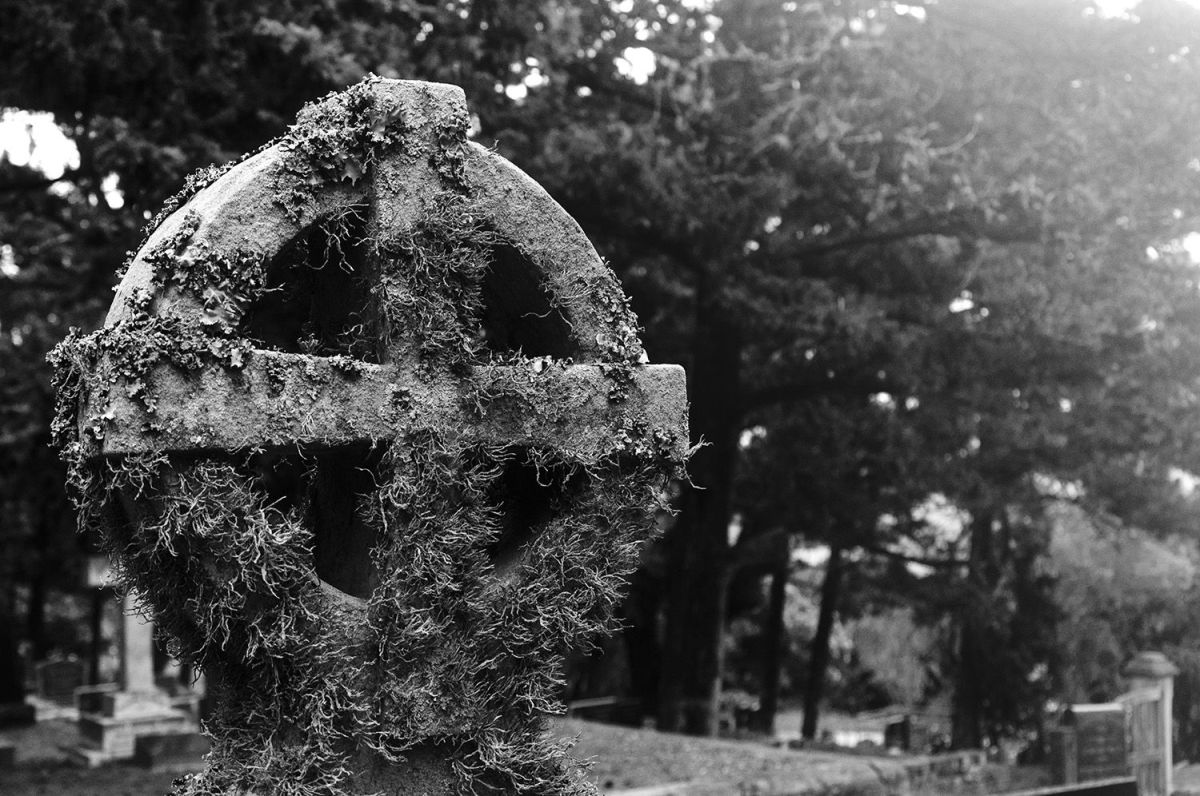 graveyard cross covered in moss